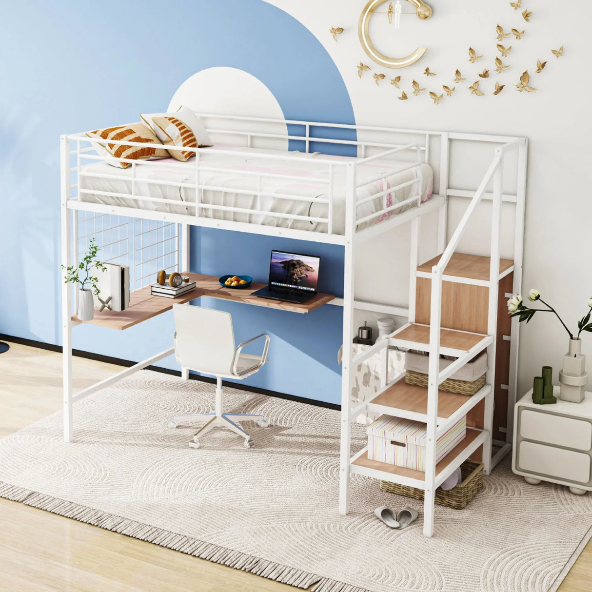 Loft Bed With Desk And Grid, Stylish Frame With Lateral Storage Ladder And Wardrobe - Furniture Home Direct
