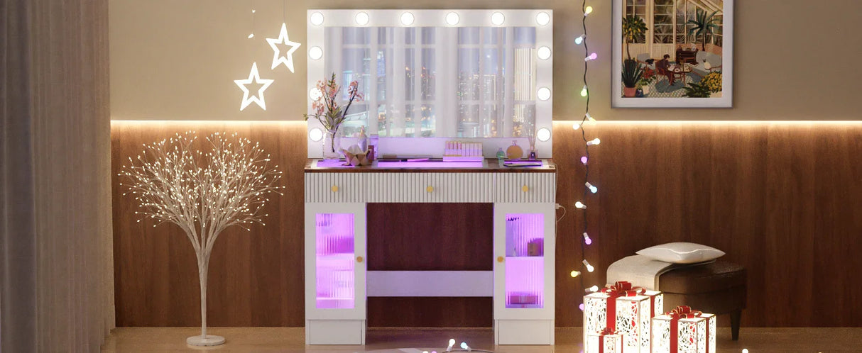 Vanity Desk With Large Mirror And Hollywood Bulbs White - Furniture Home Direct