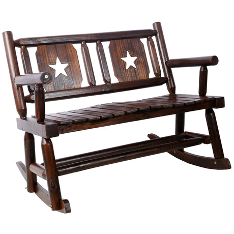 Rustic Outdoor Wood Rocking Bench Double Rocking Chair For 2 Persons With Curved Seat, Porch Rocker - Brown - Furniture Home Direct