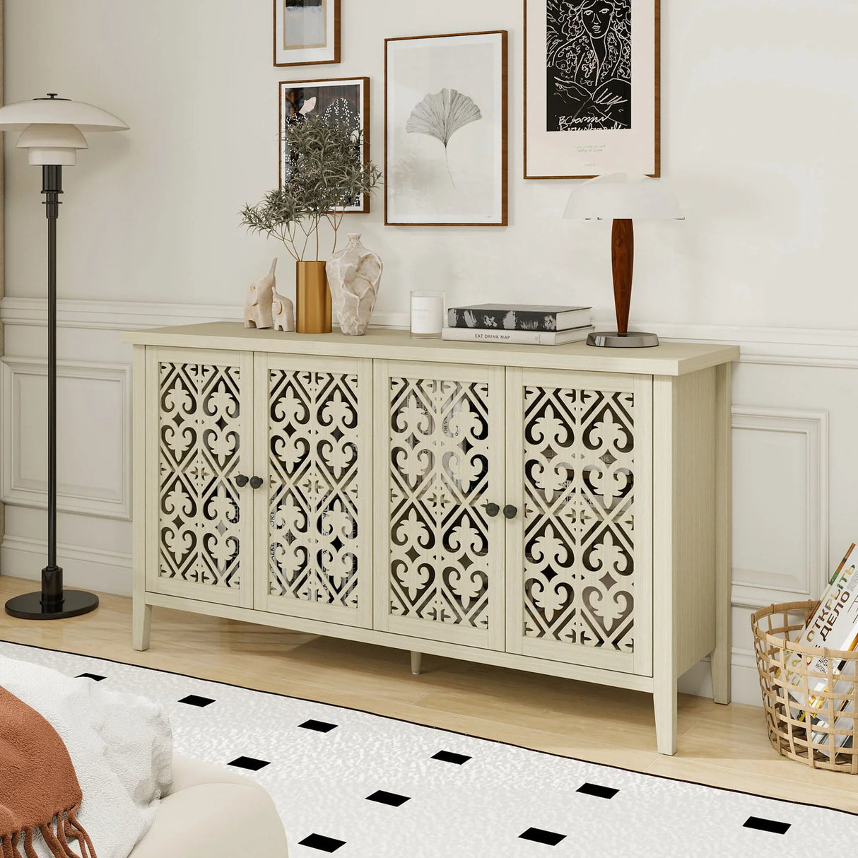 Hollowed Out Cabinet With 4 Doors, American Furniture, Suitable For Bedroom, Living Room, Study - Natural - Furniture Home Direct