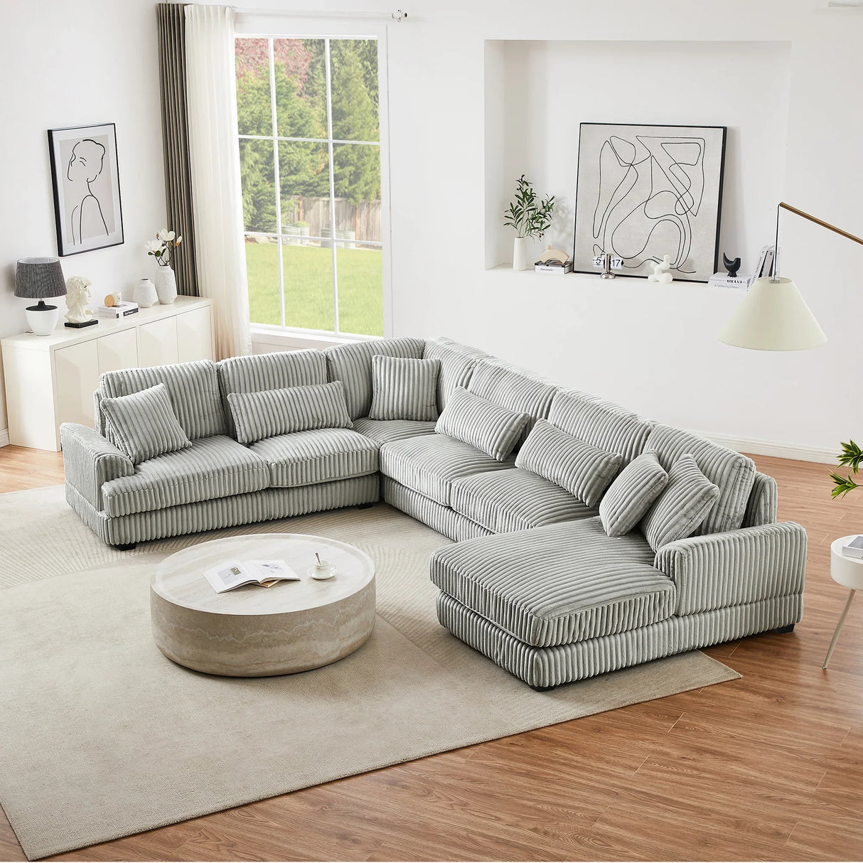 Sectional Sofa Oversized U Shaped Corduroy Fabric Gray - Furniture Home Direct