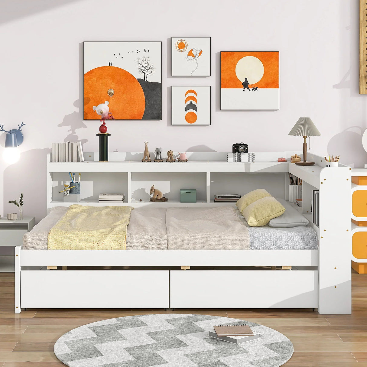 Full Bed With L-Shaped Bookcases, Drawers - Furniture Home Direct