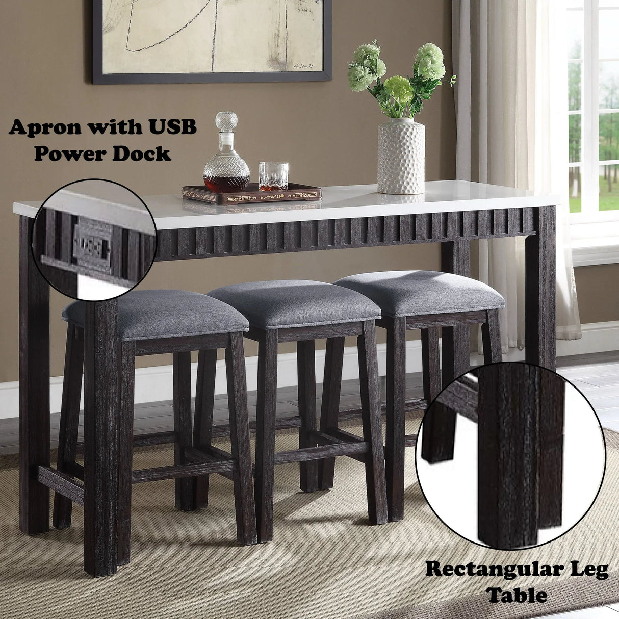 Necalli - Marble Top Weathered 4 Piece Pack Counter Height Table Set - Espresso - Furniture Home Direct