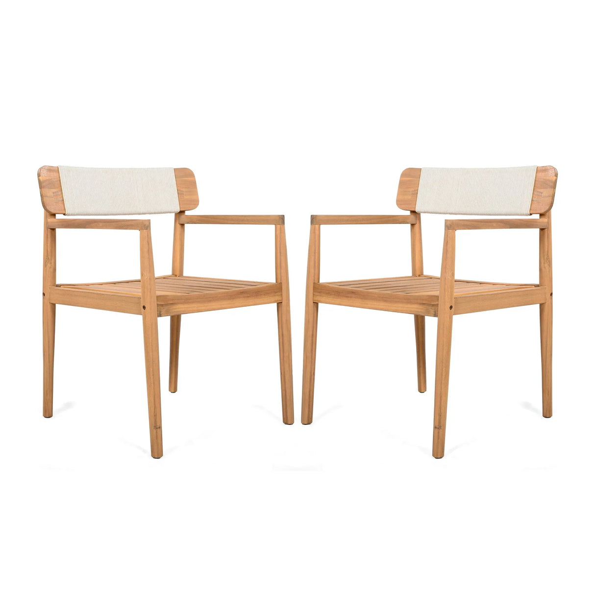 Creative Braided Acacia Wood Outdoor Dining Table And Chairs With Armrests (Set of 2) - Teak / White