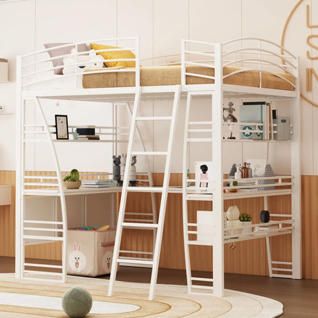 Loft Bed With 4 Layers Of Shelves And L-Shaped Desk, Stylish Metal Frame Bed With A Set Of Sockets, USB Ports And And Wireless Charging - Furniture Home Direct