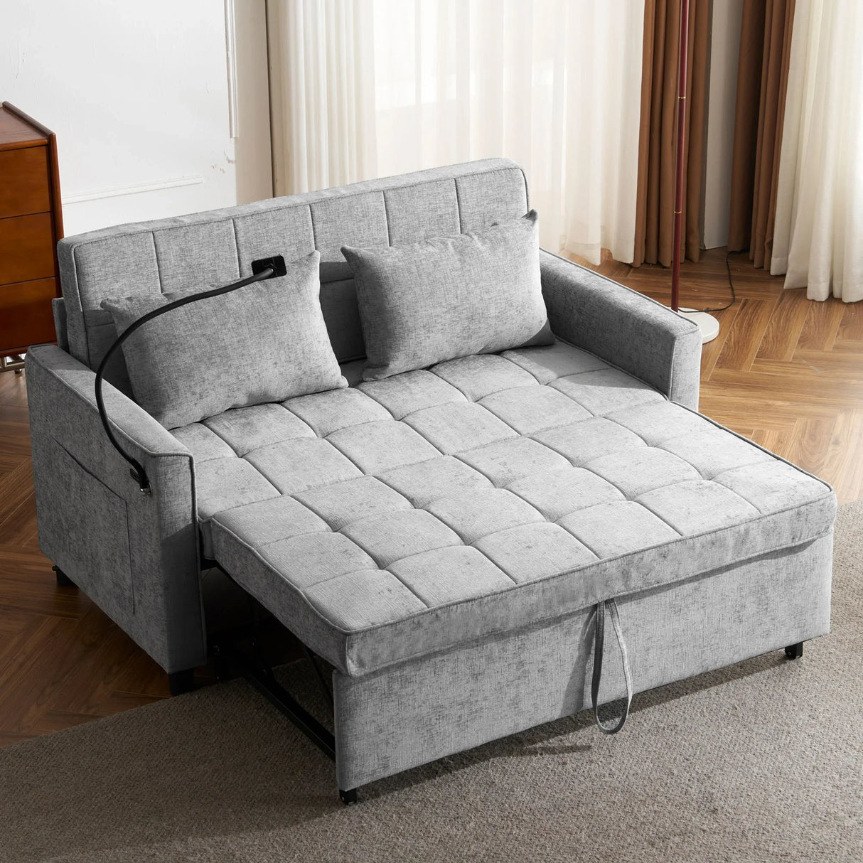 Pull-Out Sleeper Sofa With Reversible Backrest Cushion, Side Pockets, 2 USB Ports And A Phone Holder For Living Room - Furniture Home Direct