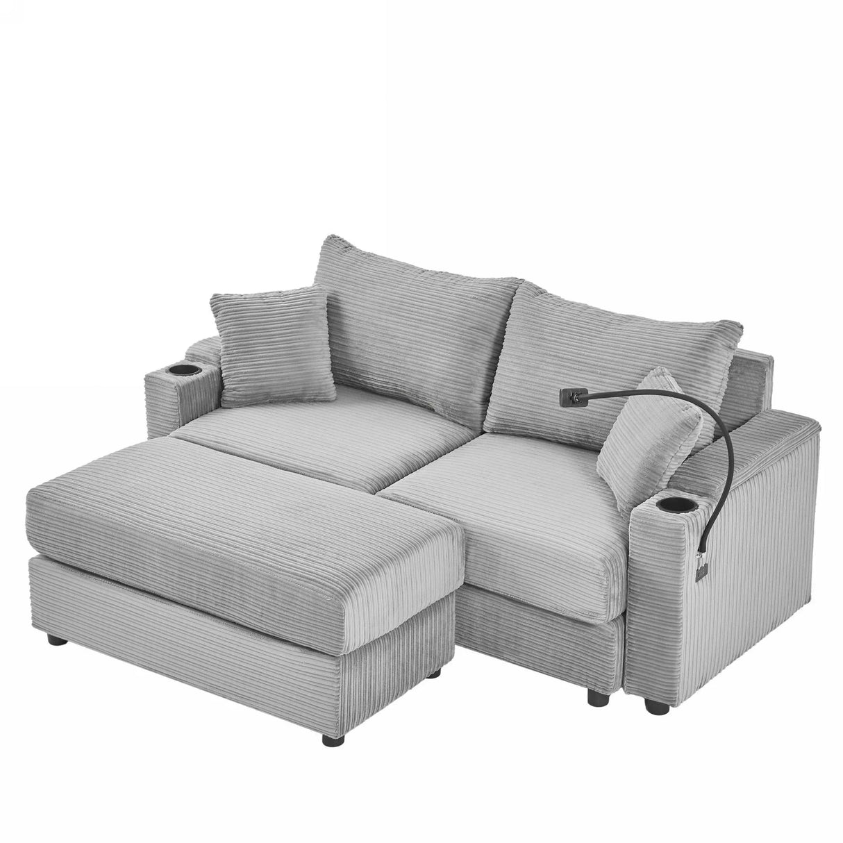 Modern Style Loveseat With Storage, Ottoman, Two USB Ports, Two Cup Holders and Phone Holder - Gray - Furniture Home Direct