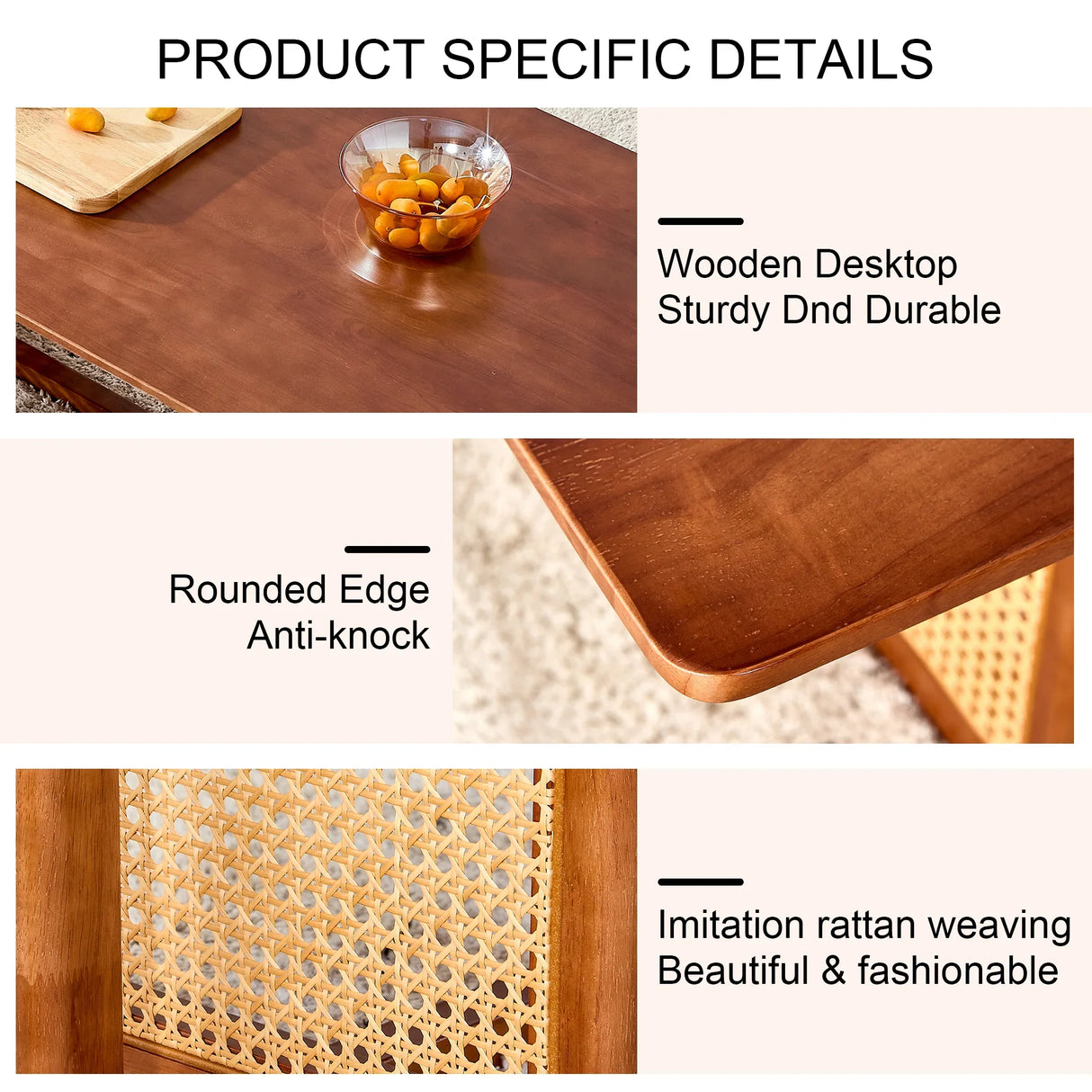 Coffee Table Solid Wood With Rattan Panel Sides Walnut - Furniture Home Direct