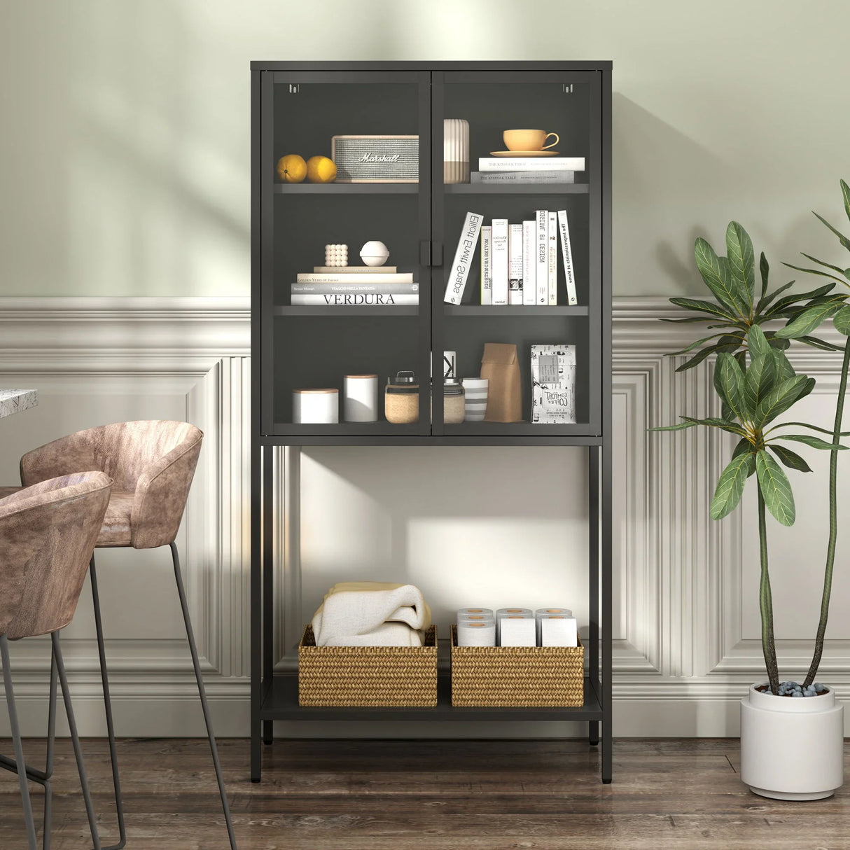 Heavy Duty Metal Storage Cabinet, Display Storage Cabinet With Glass Doors And 2 Adjustable Shelves, Tall Bookcase Modern Bookshelf Cabinet For Home Office, Living Room, Pantry - Furniture Home Direct