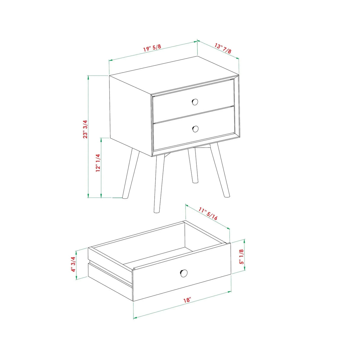 Mid Century Modern Double Drawer Nightstand - Caramel - Furniture Home Direct