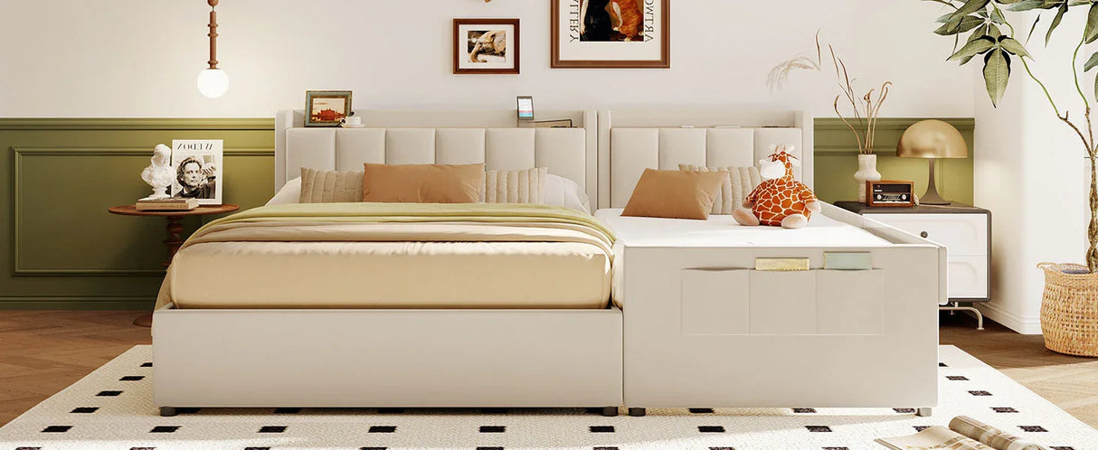 Platform Bed With Storage Drawers And USB Ports Beige - Furniture Home Direct