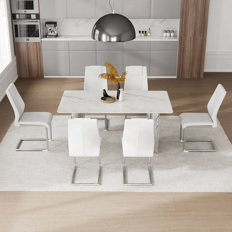 Dining Set 7 Piece Marble Top Table And Chairs White - Furniture Home Direct