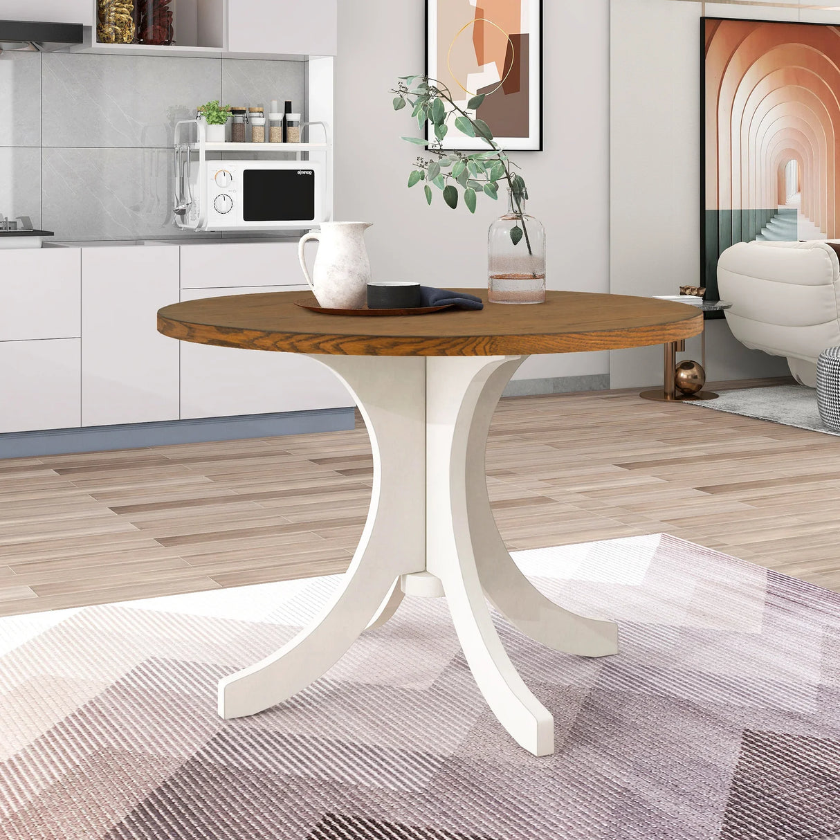Dining Set Round Table With Upholstered Chairs Walnut Beige - Furniture Home Direct