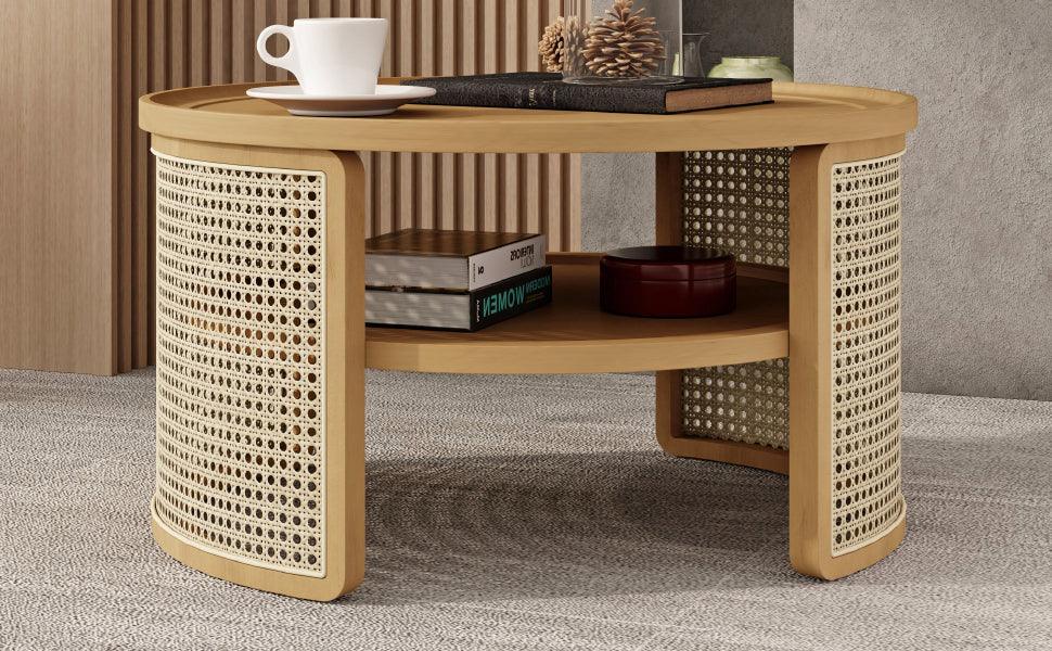 Round Coffee Table With Storage Caned Sides Natural - Furniture Home Direct