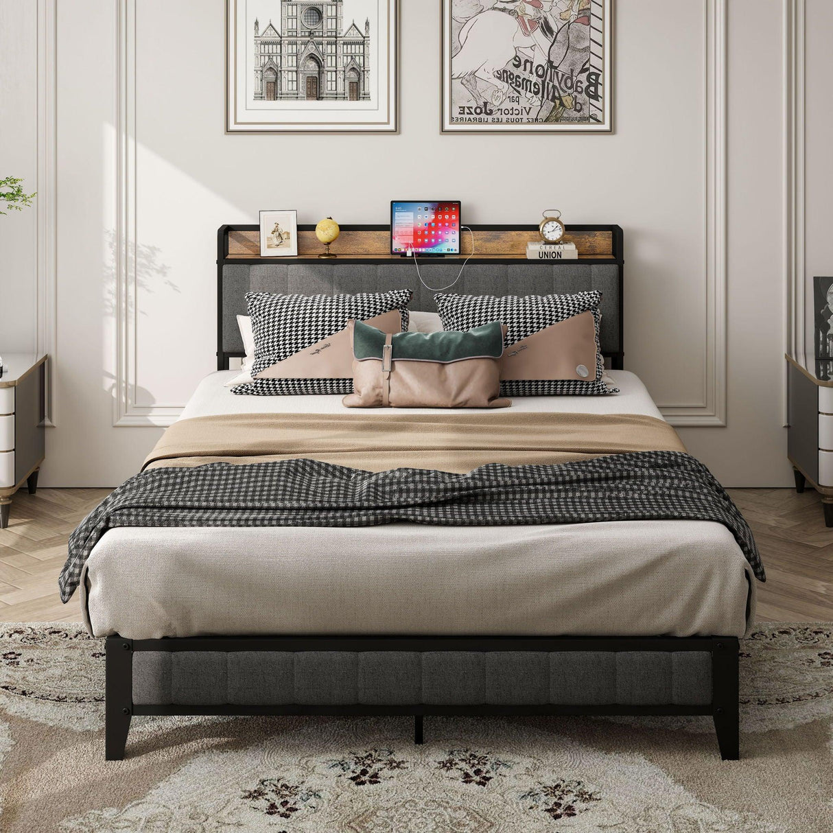 Bed With Charging Station, American Design Upholstered Headboard, Metal Platform - Furniture Home Direct