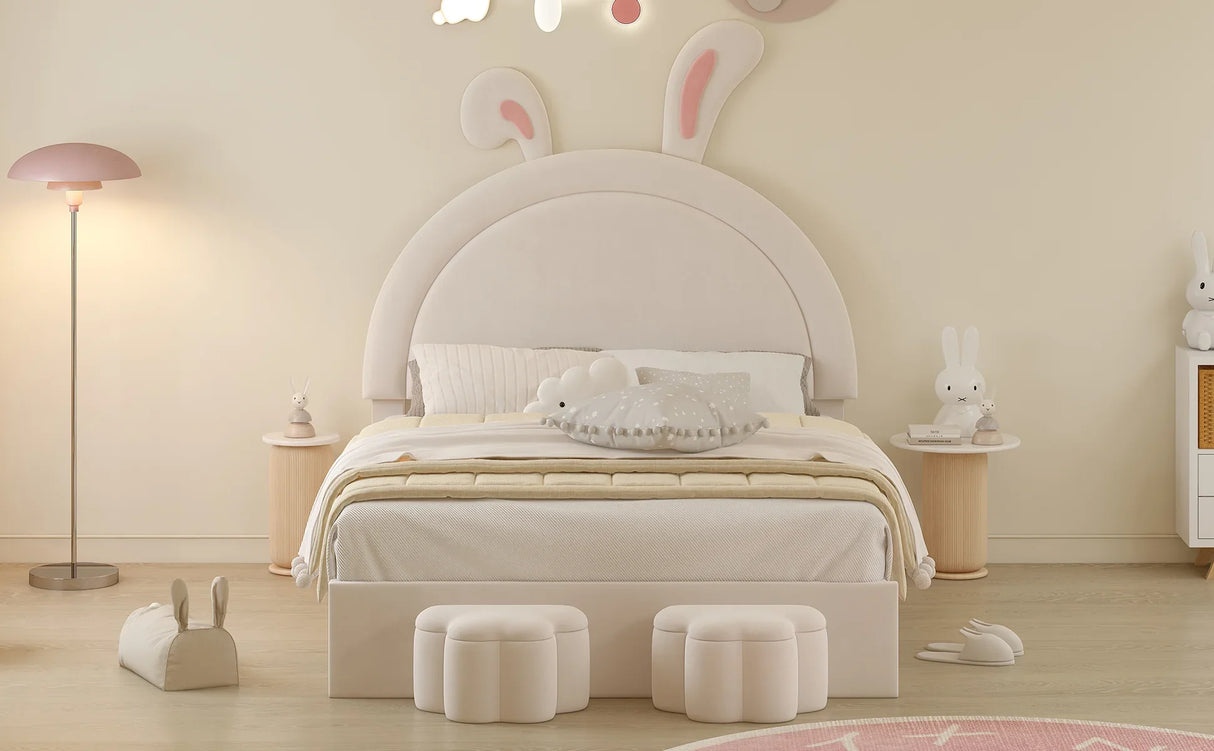 Rabbit-Shaped Bed for Kids Upholstered Full-Size White - Furniture Home Direct
