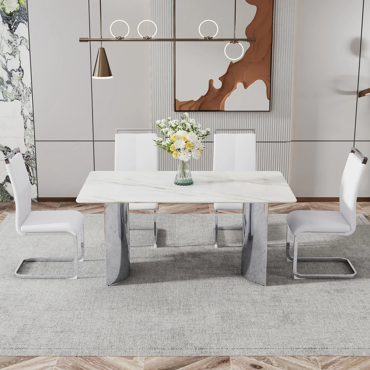 Dining Table Modern Faux Marble Top Chrome Base White - Furniture Home Direct