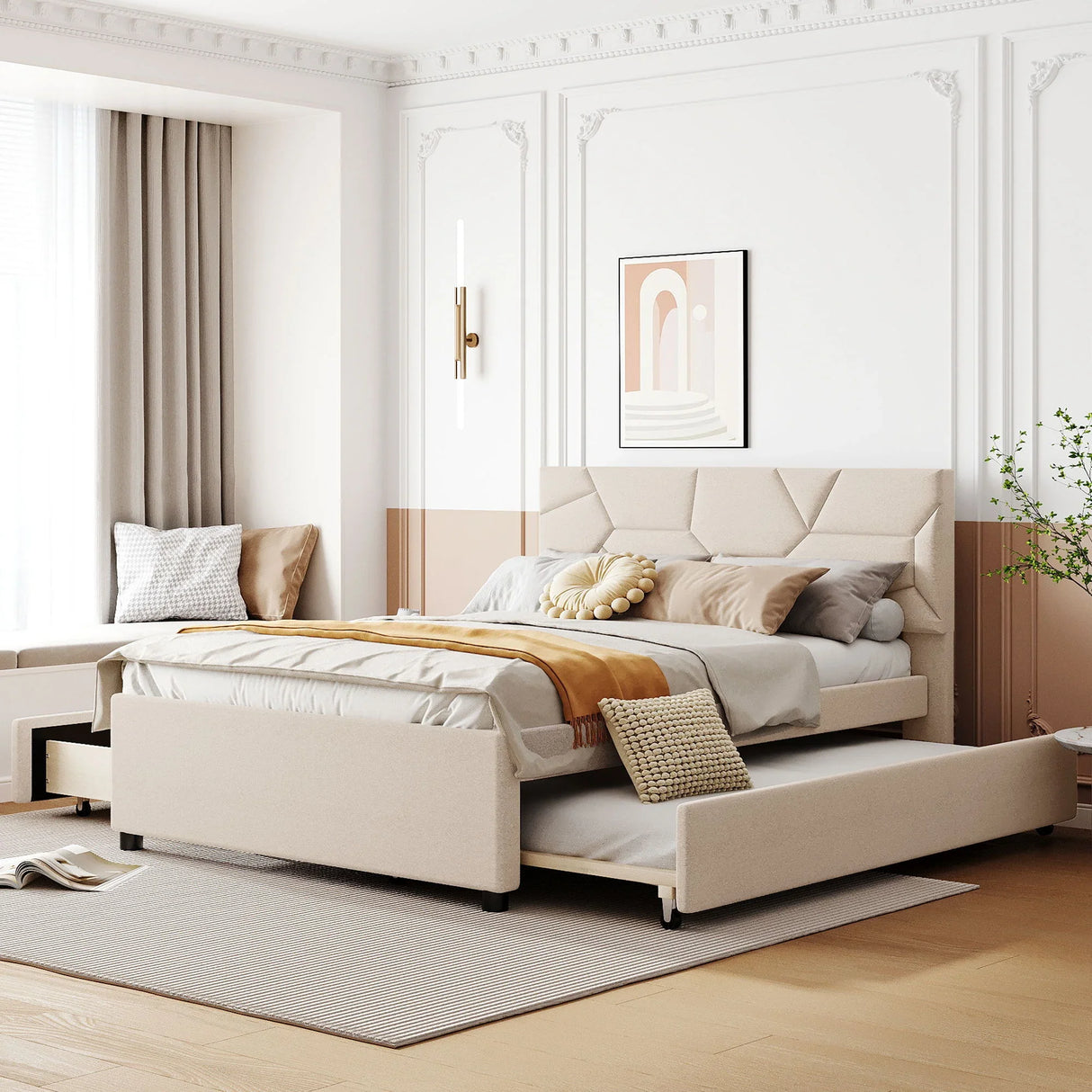 Upholstered Platform Bed With Brick Pattern Headboard And Twin Long Size Trundle - Furniture Home Direct