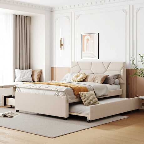 Upholstered Platform Bed With Brick Pattern Headboard And Twin Long Size Trundle - Furniture Home Direct