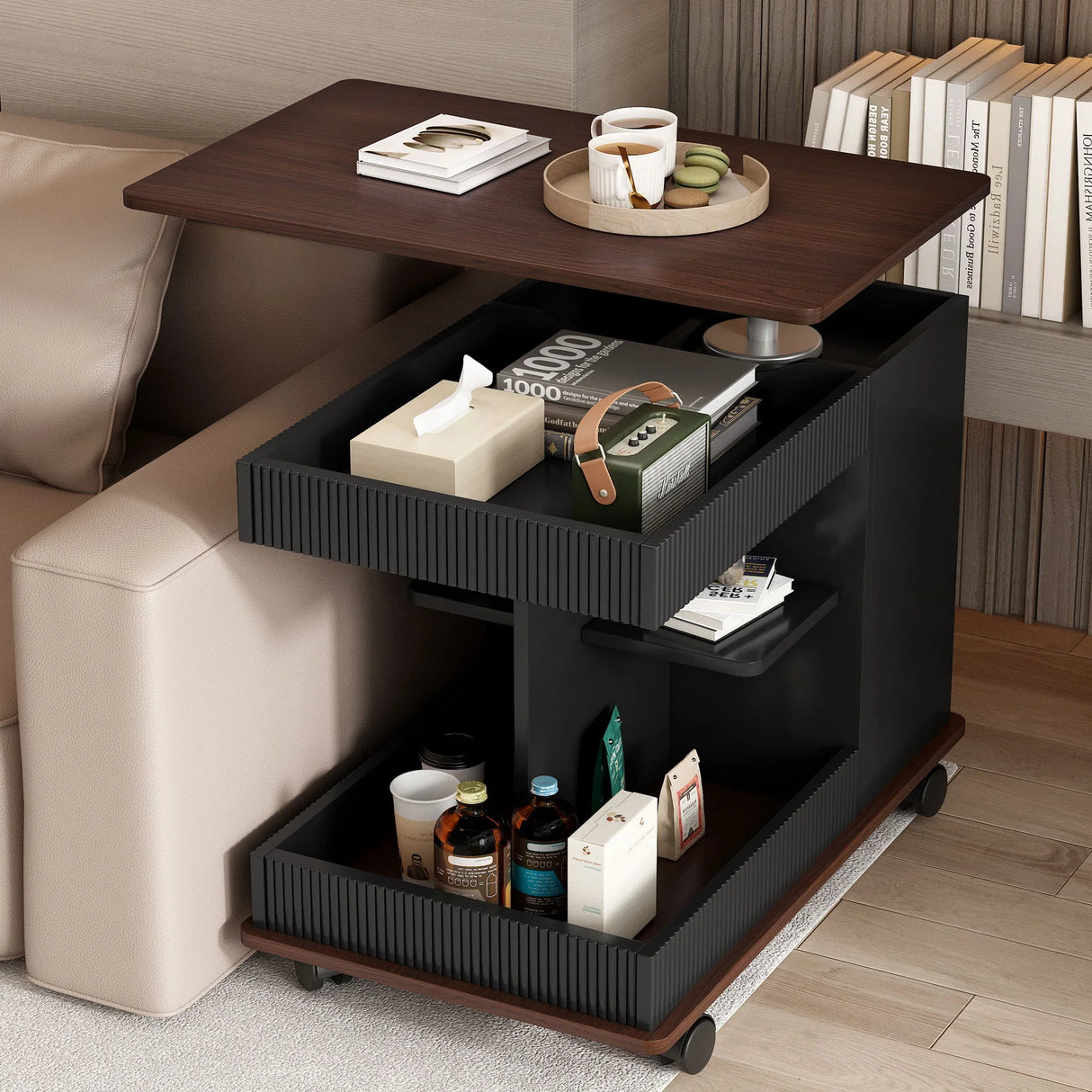 Adjustable End Table With Wheels, 360°Rotating Top And Storage Space - Furniture Home Direct
