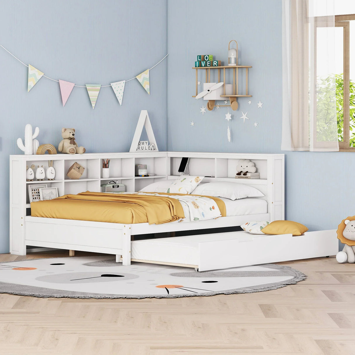 Wooden Full Size Daybed With Twin Size Trundle, Daybed With Storage Shelf And USB Charging Ports - White - Furniture Home Direct