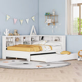 Wooden Full Size Daybed With Twin Size Trundle, Daybed With Storage Shelf And USB Charging Ports - White - Furniture Home Direct