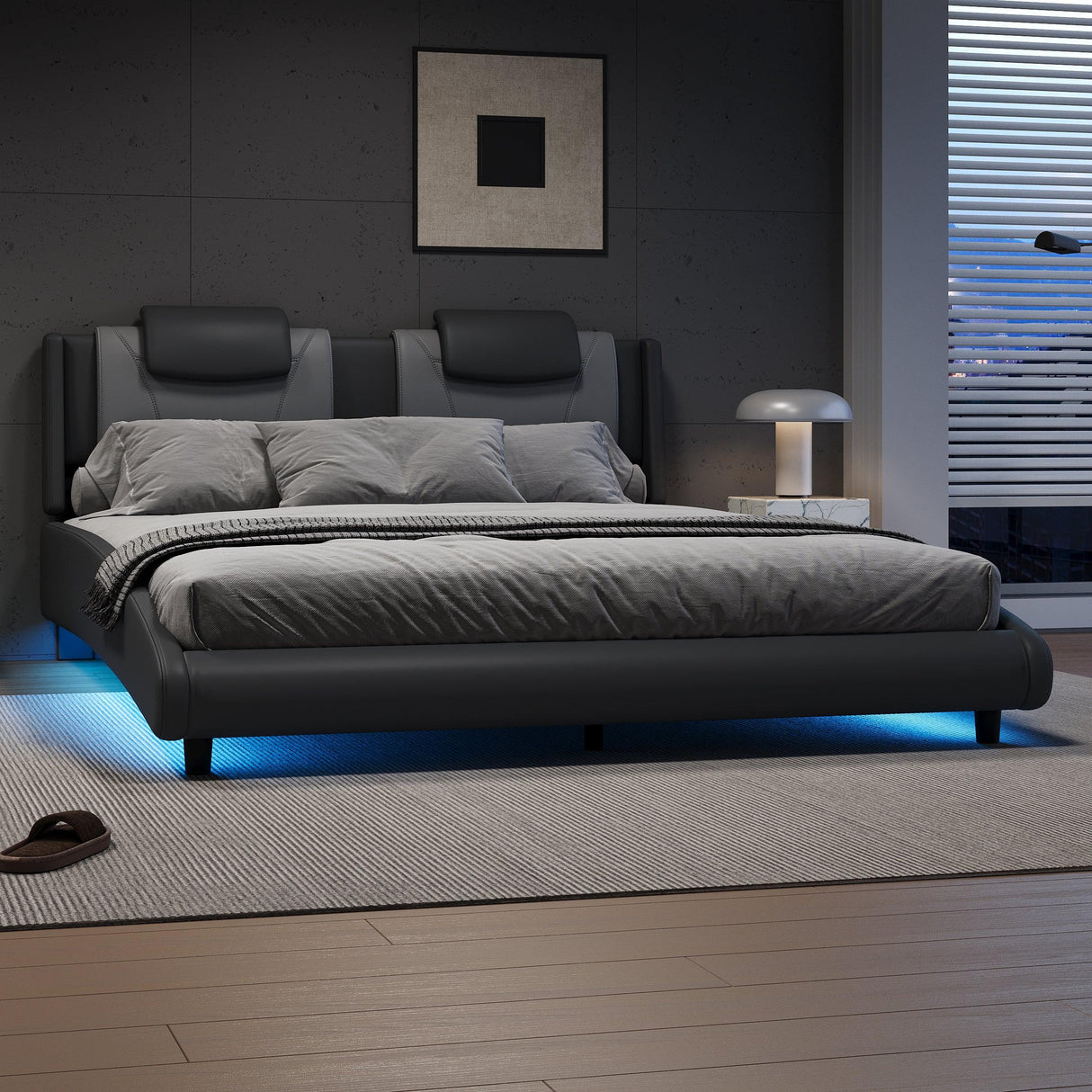 Platform Bed Faux Leather Upholstered LED Lighting Gray - Furniture Home Direct