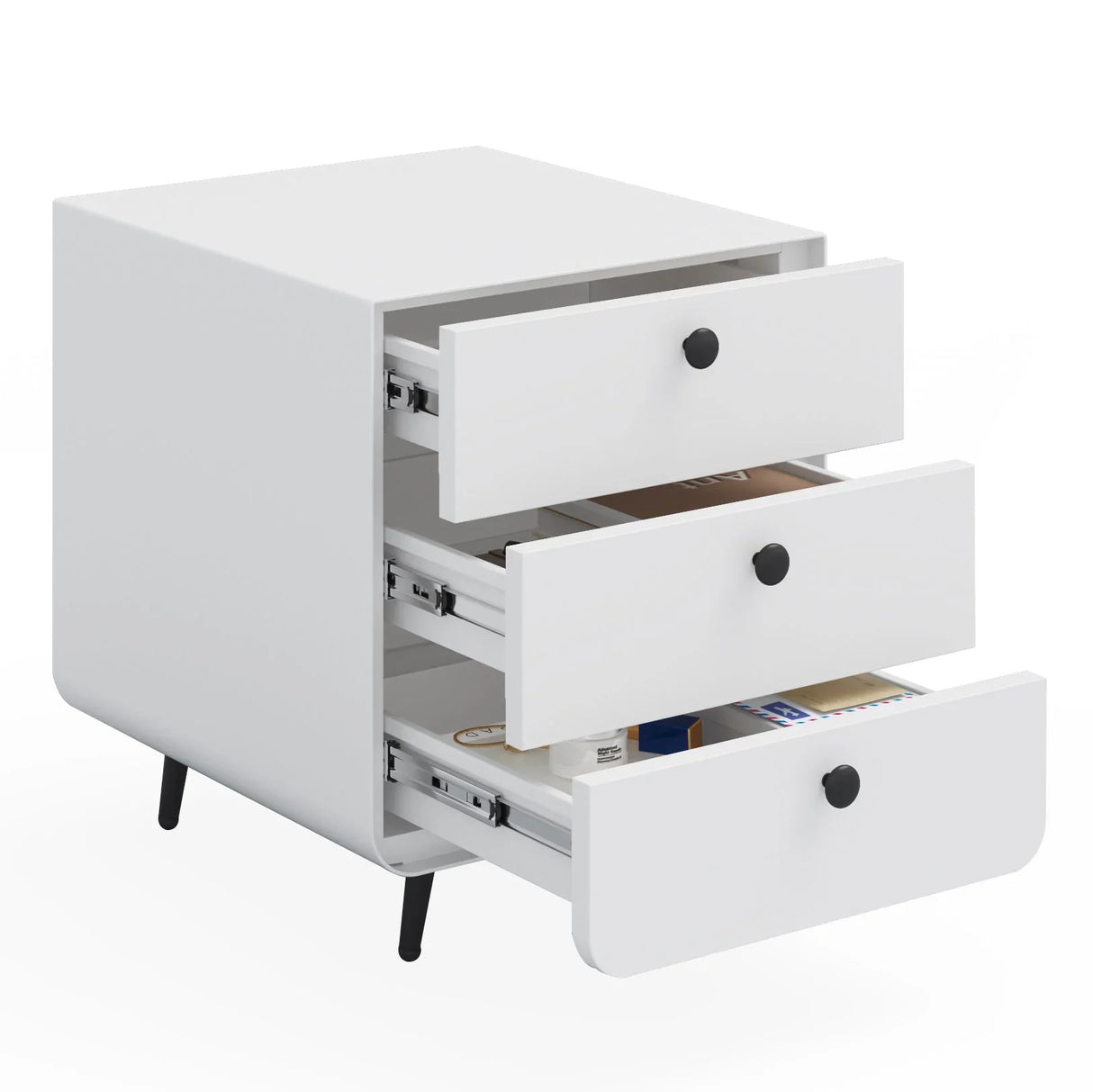 Modern Night Stand Storage Cabinet For Living Room Bedroom, Steel Cabinet With 3 Drawers, Bedside Furniture, Circular Handle - White - Furniture Home Direct