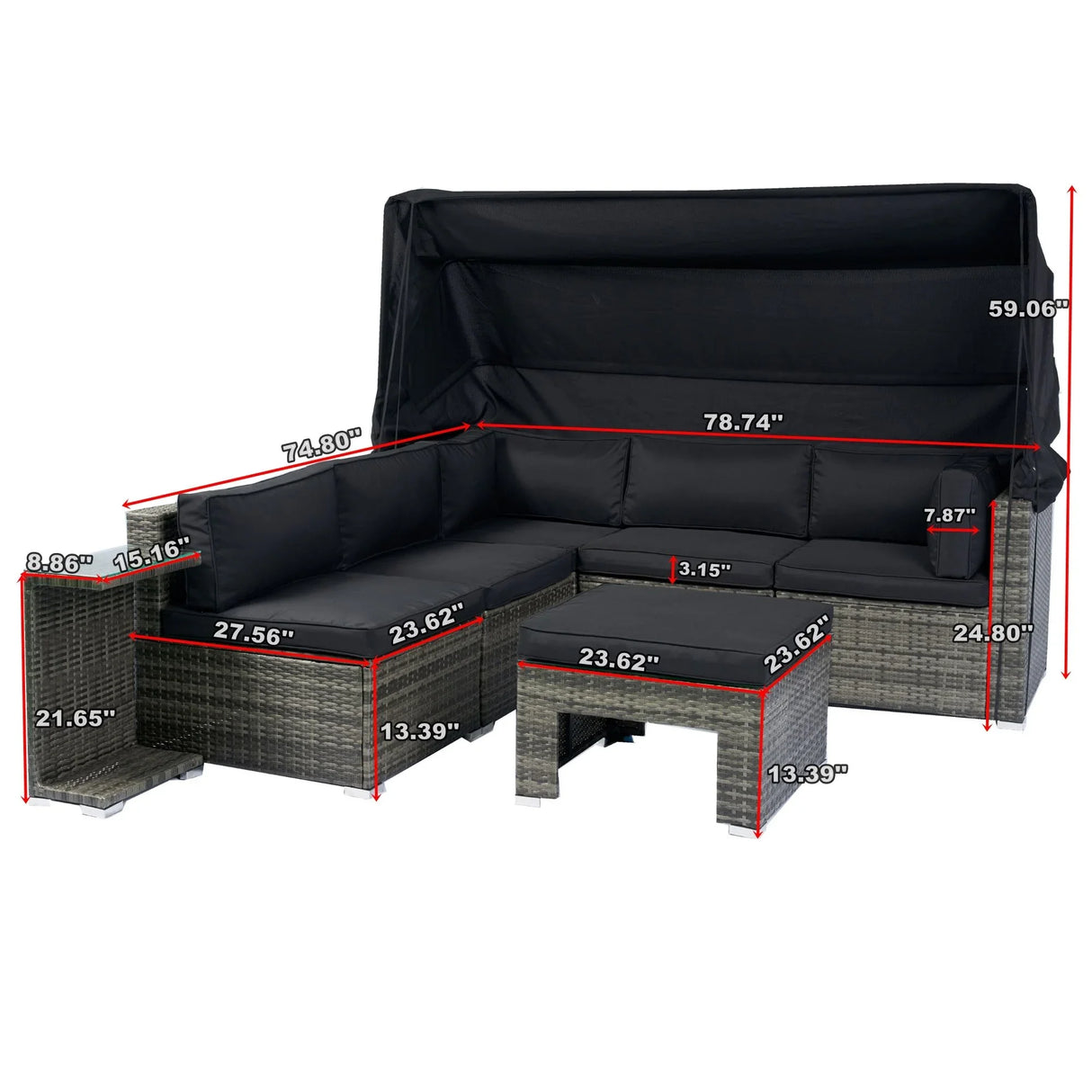 7 Piece Patio Furniture Set With Retractable Canopy Wicker Rattan Sectional Sofa Set Patio Furniture With Washable Cushions For Lawn, Garden, Backyard, Poolside Wicker And Cushion - Gray / Black - Furniture Home Direct