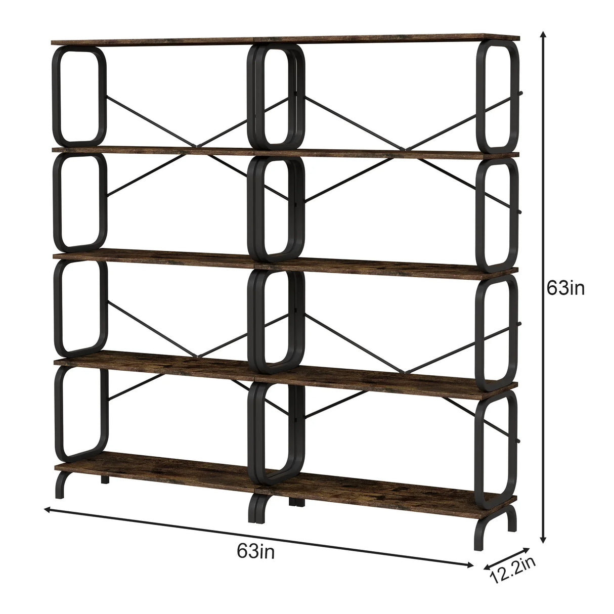 5 Tier Industrial Bookshelf, Tall Bookcase With Open Design, Vintage Storage Organizer - Furniture Home Direct
