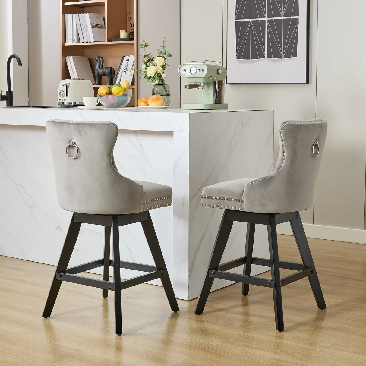 Counter Height Bar Stools Velvet Upholstery Tufted Gray - Furniture Home Direct