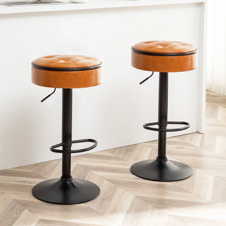 Bar Stool Round Tufted PU Leather Adjustable Height Brown - Furniture Home Direct