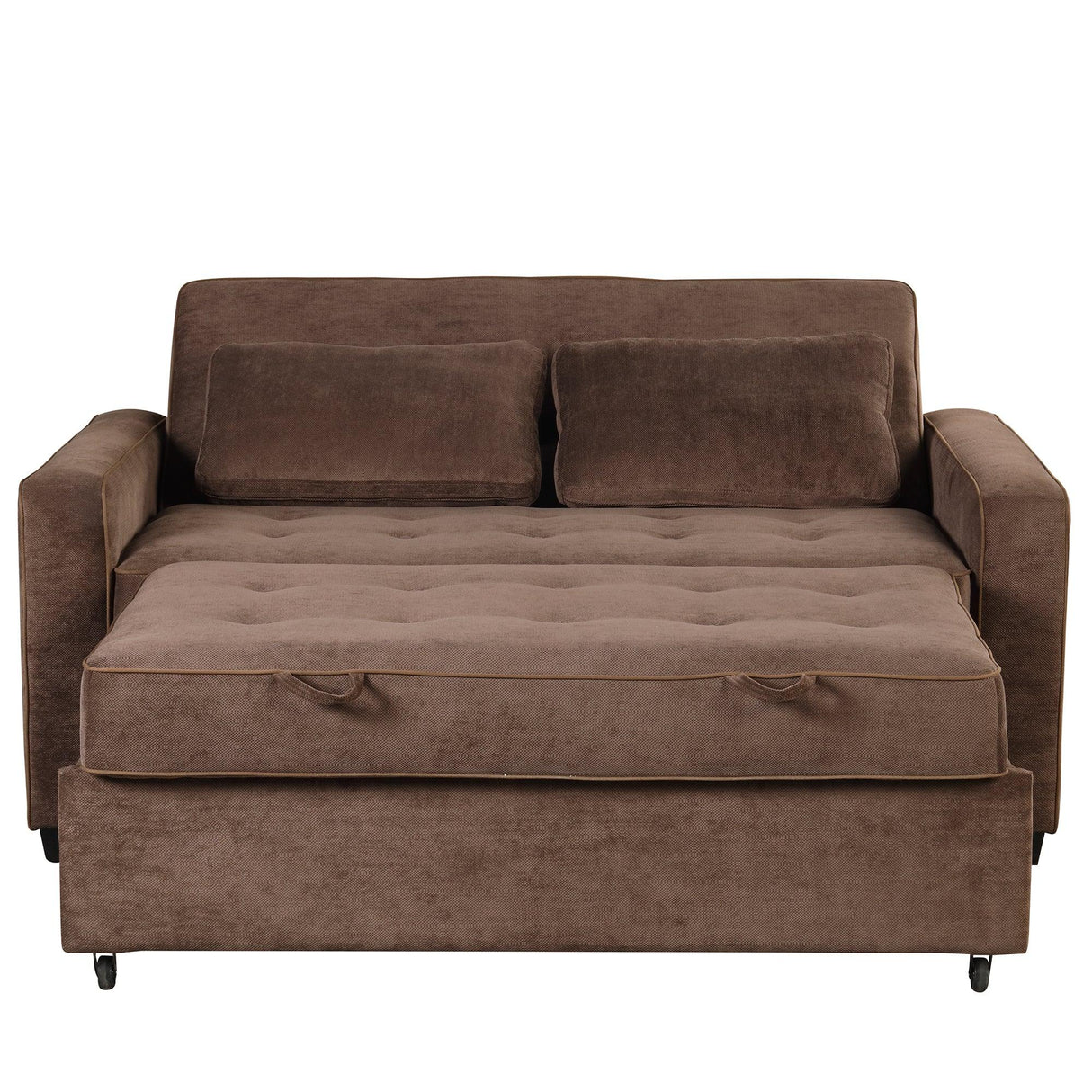 66.5" Upholstered Loveseat With Pull Out Bed, Two Throw Pillows, Dual USB Charging Port and Adjustable Backrest - Brown - Furniture Home Direct