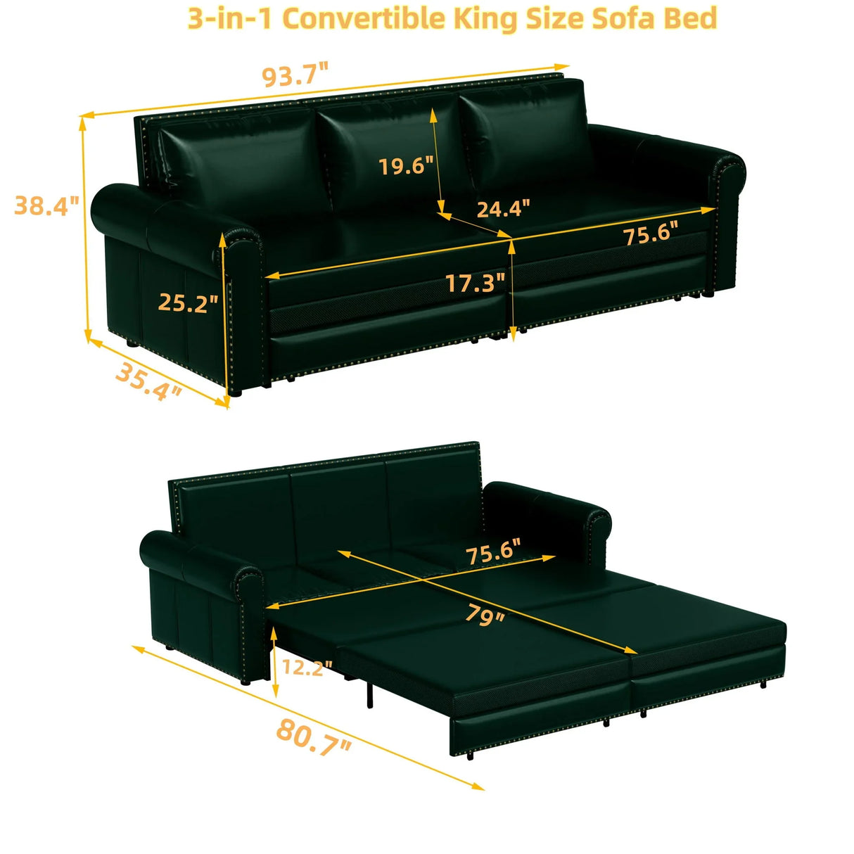 3 In 1 Convertible Sleeper Sofa With Nailhead Trim & Rolled Arm - Furniture Home Direct