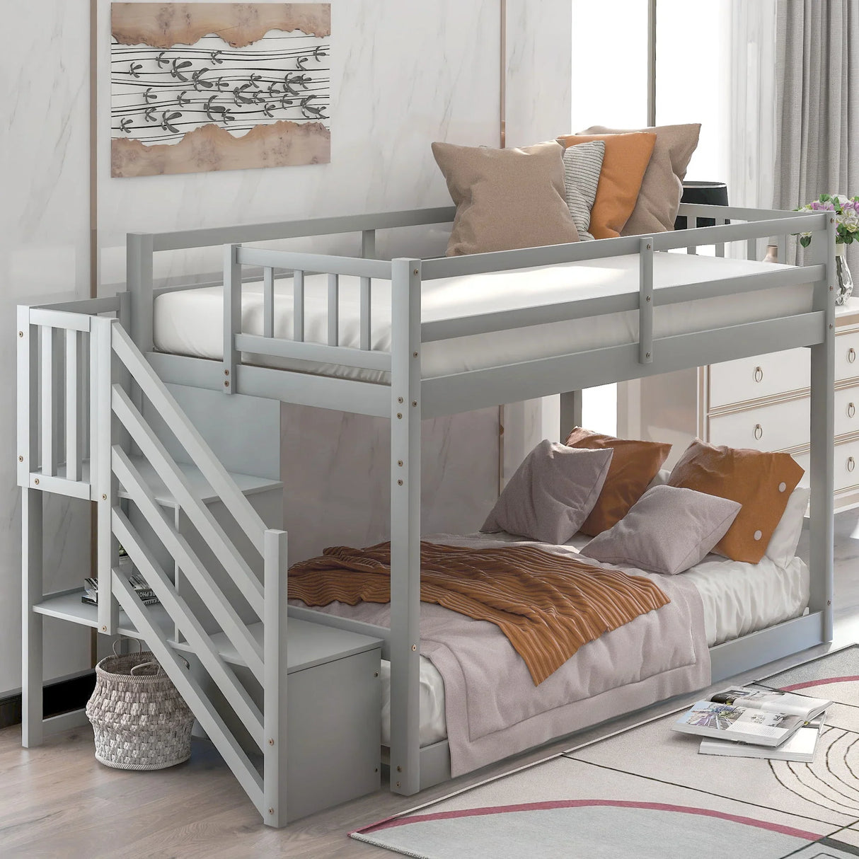 Twin Over Twin Floor Bunk Bed, Ladder With Storage - Furniture Home Direct