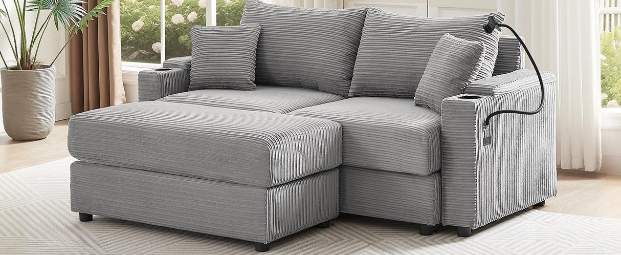 Modern Style Loveseat With Storage, Ottoman, Two USB Ports, Two Cup Holders and Phone Holder - Gray - Furniture Home Direct