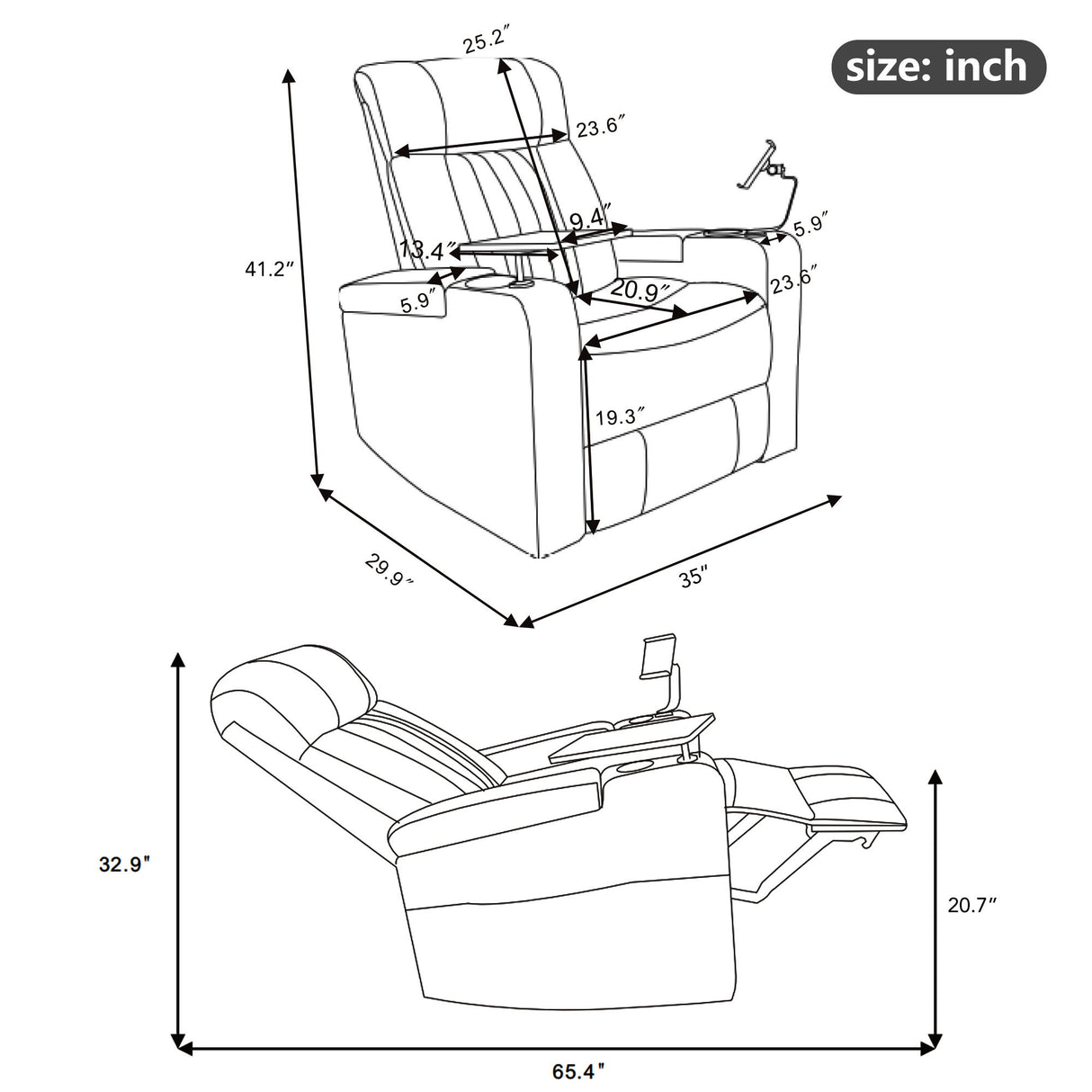 Power Recliner with Storage Arms, Cupholders, USB, Black