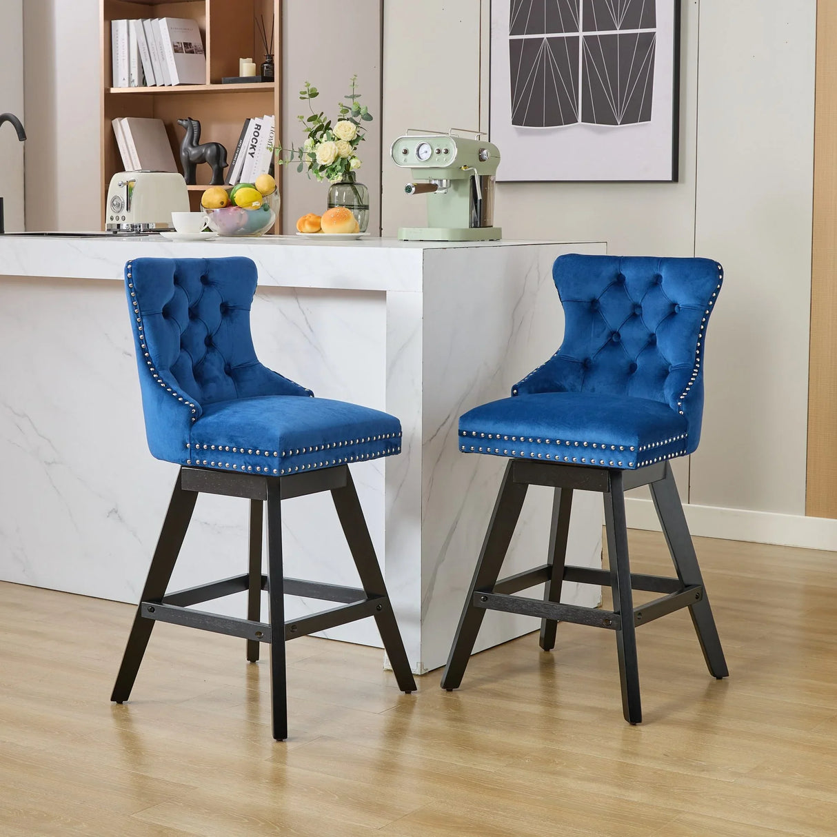 Bar Stools Swivel Velvet Tufted Nailhead Trim Set of 2 Blue - Furniture Home Direct