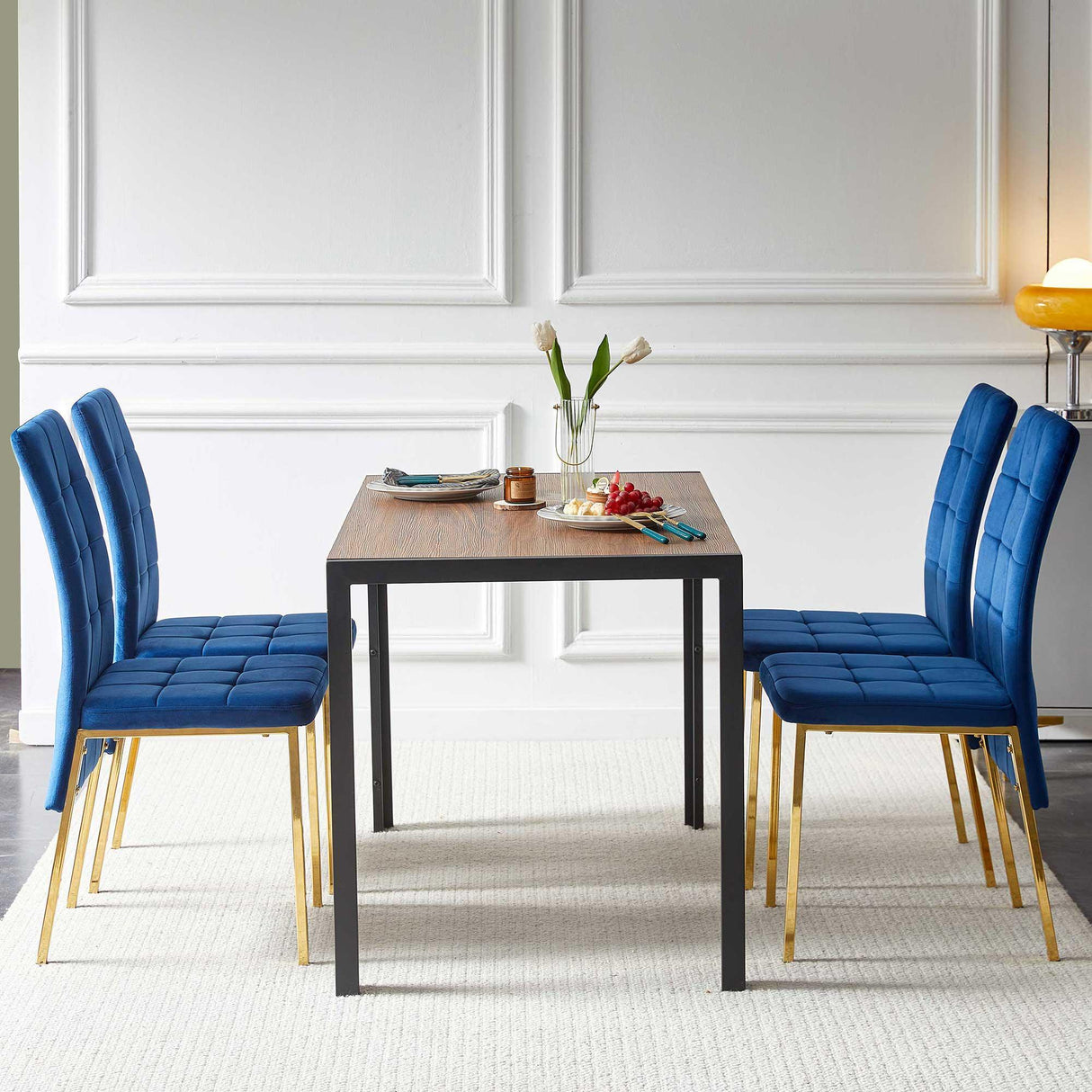 5 Pieces Dining Set Including Velvet High Back Golden Color Legs Nordic Dining Chair & Creative Design Dining Table - Furniture Home Direct