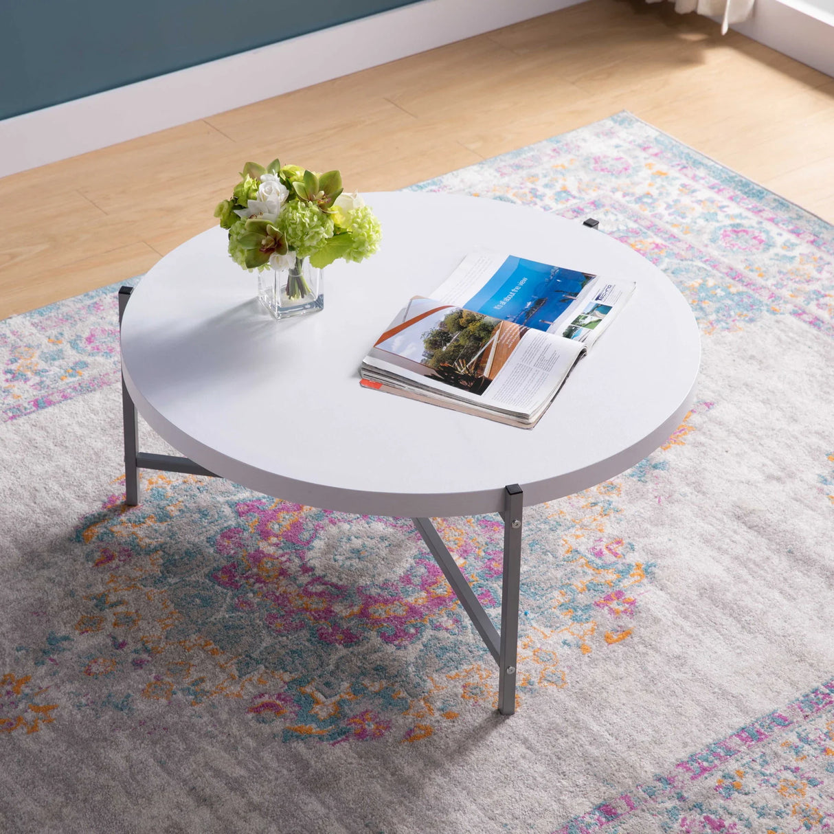 Round Coffee Table With White Metal Legs - Furniture Home Direct