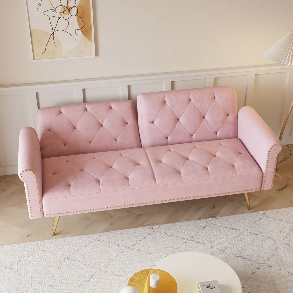Luxurious Velvet Sofa Bed With Nail Head Trim And Matching Pillow - Furniture Home Direct