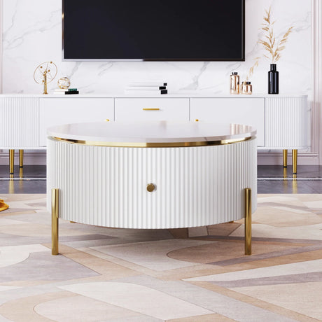 Round Coffee Table with Drawers and Gold Accents White - Furniture Home Direct