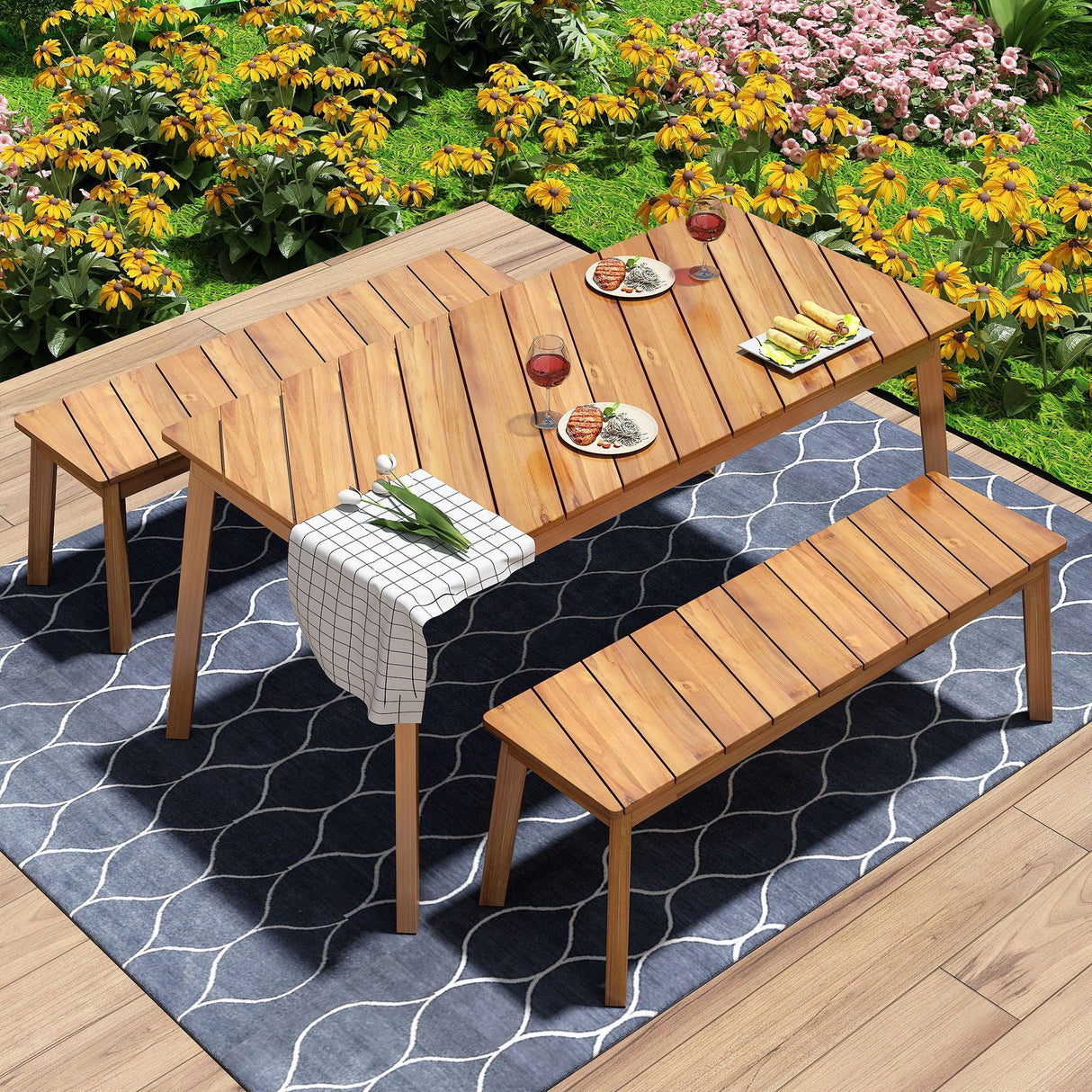 3 Pieces Acacia Wood Table Bench Dining Set For Outdoor & Indoor Furniture With 2 Benches, Picnic Beer Table For Patio, Porch, Garden, Poolside - Natural - Furniture Home Direct