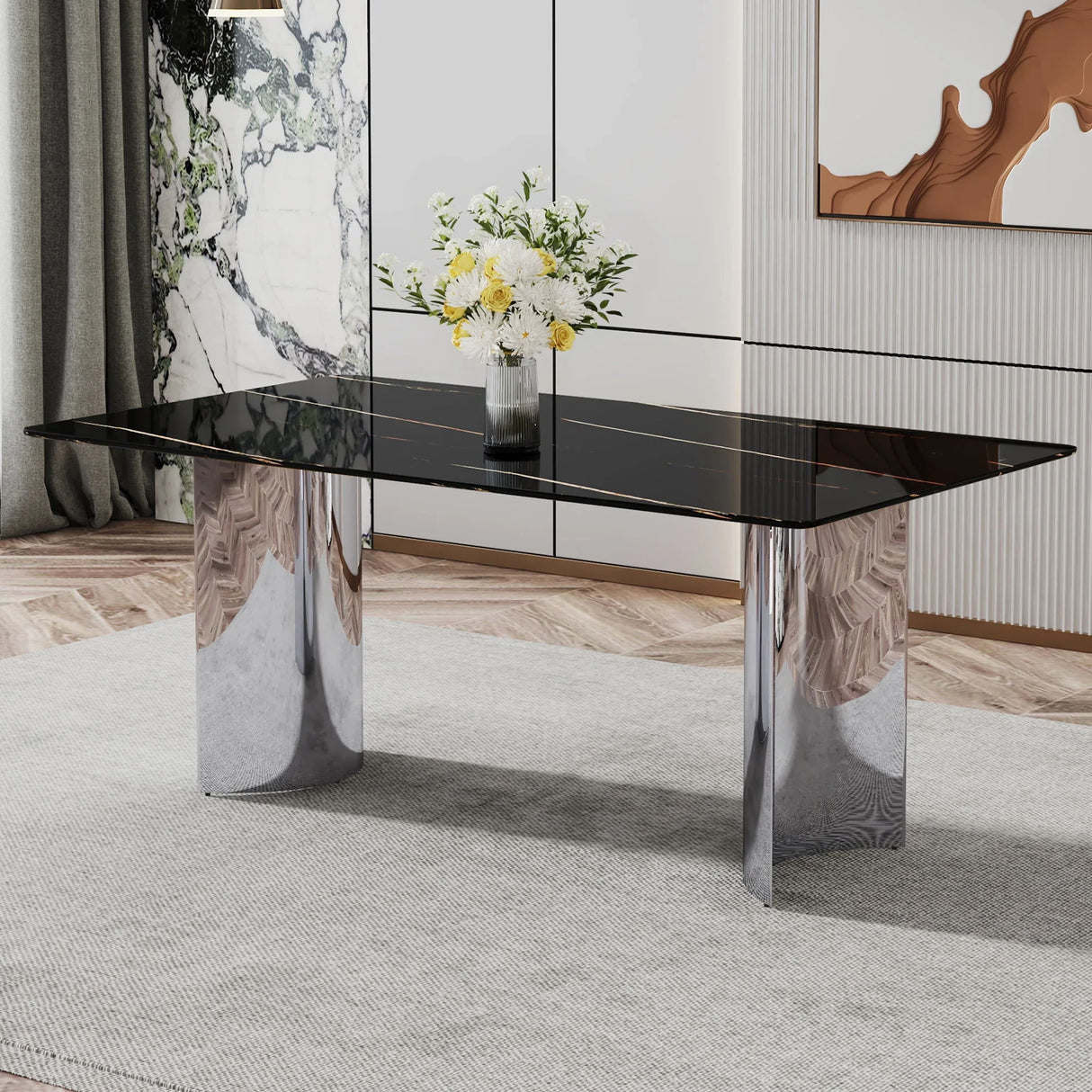 Modern Minimalist Dining Table With Imitation Marble Glass Desktop And Metal Legs - Furniture Home Direct