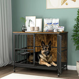 Modern Kennel Dogs Room Up To 80 Lb, Dog Crate Furniture With Multi-Purpose Rremovable Ttray, Double-Door Dog House, Lift Panel, 360 Degree Rotation, 3 Height Adjustable Feeding Bowls - Furniture Home Direct