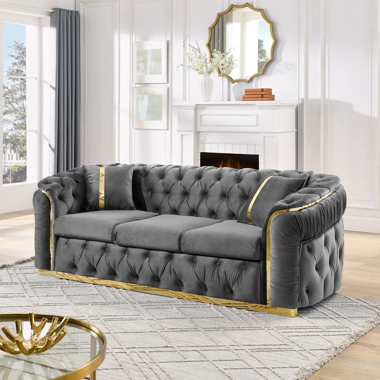 Button Tufted Couch With 2 Pillows, 3 Seater Luxury Chesterfield Sofa - Furniture Home Direct