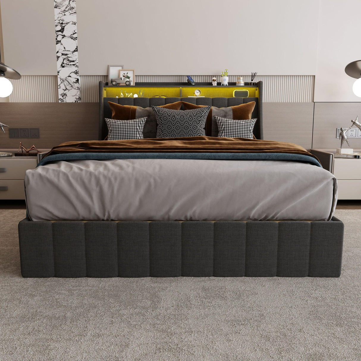 Bed With LED Lights, 4 Drawers, Winged Headboard Upholstered - Furniture Home Direct