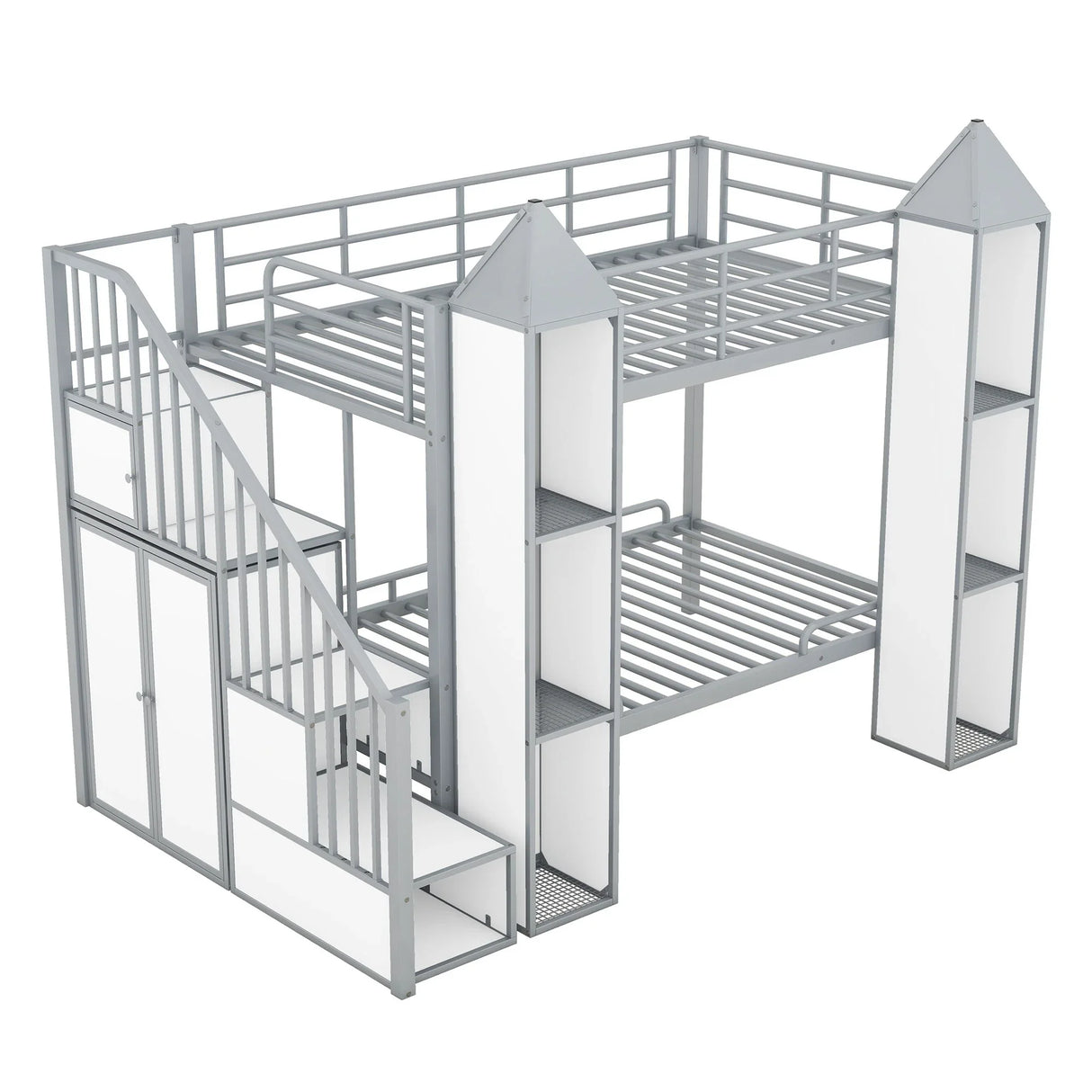 Metal Twin Over Twin Castle-Shaped Bunk Bed With Wardrobe And Multiple Storage - Gray / White - Furniture Home Direct