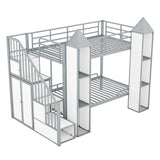 Metal Twin Over Twin Castle-Shaped Bunk Bed With Wardrobe And Multiple Storage - Gray / White - Furniture Home Direct