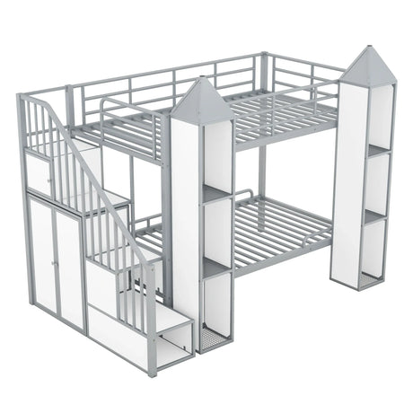 Metal Twin Over Twin Castle-Shaped Bunk Bed With Wardrobe And Multiple Storage - Gray / White - Furniture Home Direct